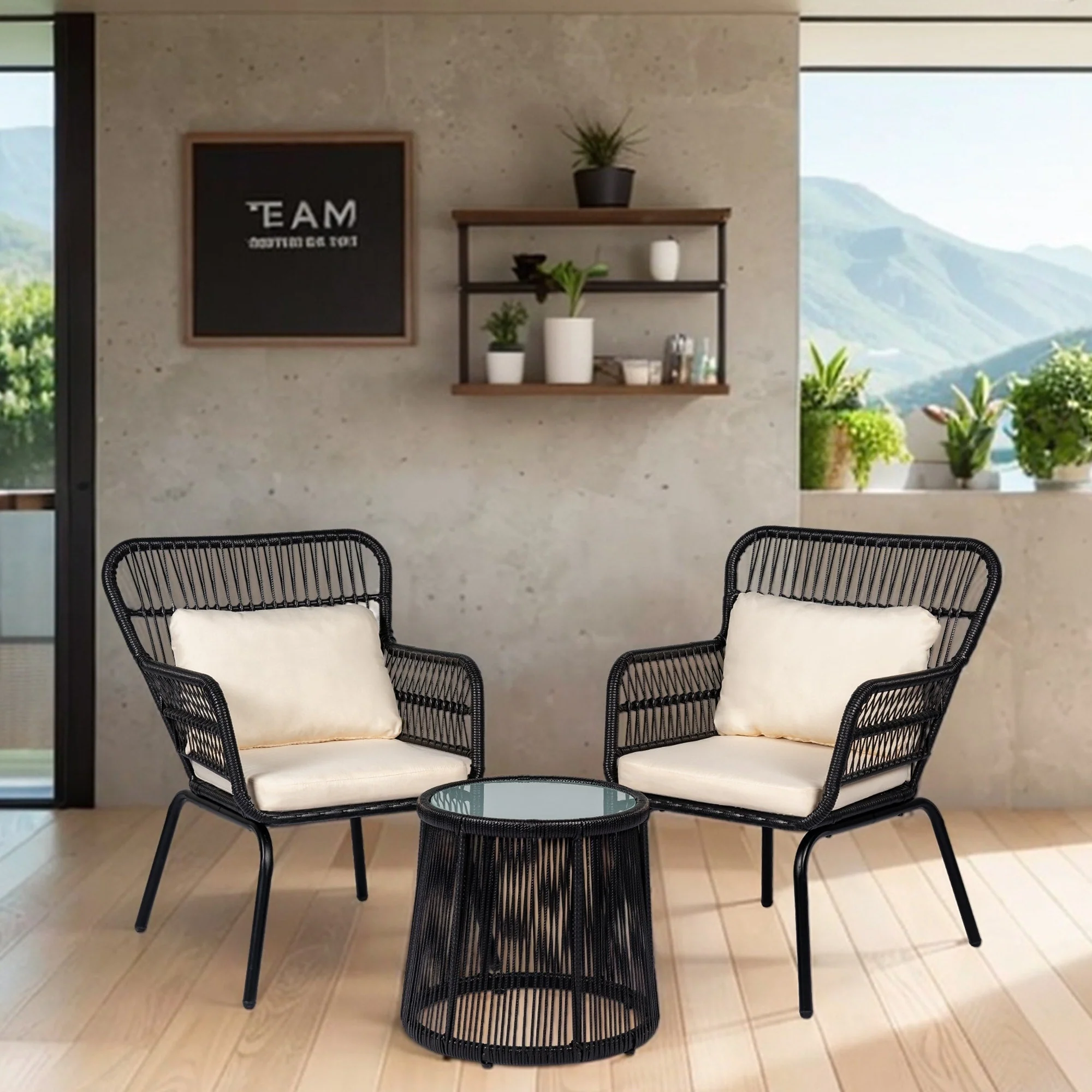 3 Piece Outdoor Wicker Conversation Bistro Set, All-Weather Rattan Furniture Patio Chairs Set with Cushions