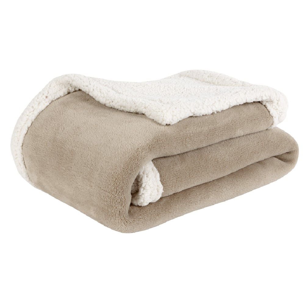Plaid polaire réversible imitation fourrure taupe et blanc
