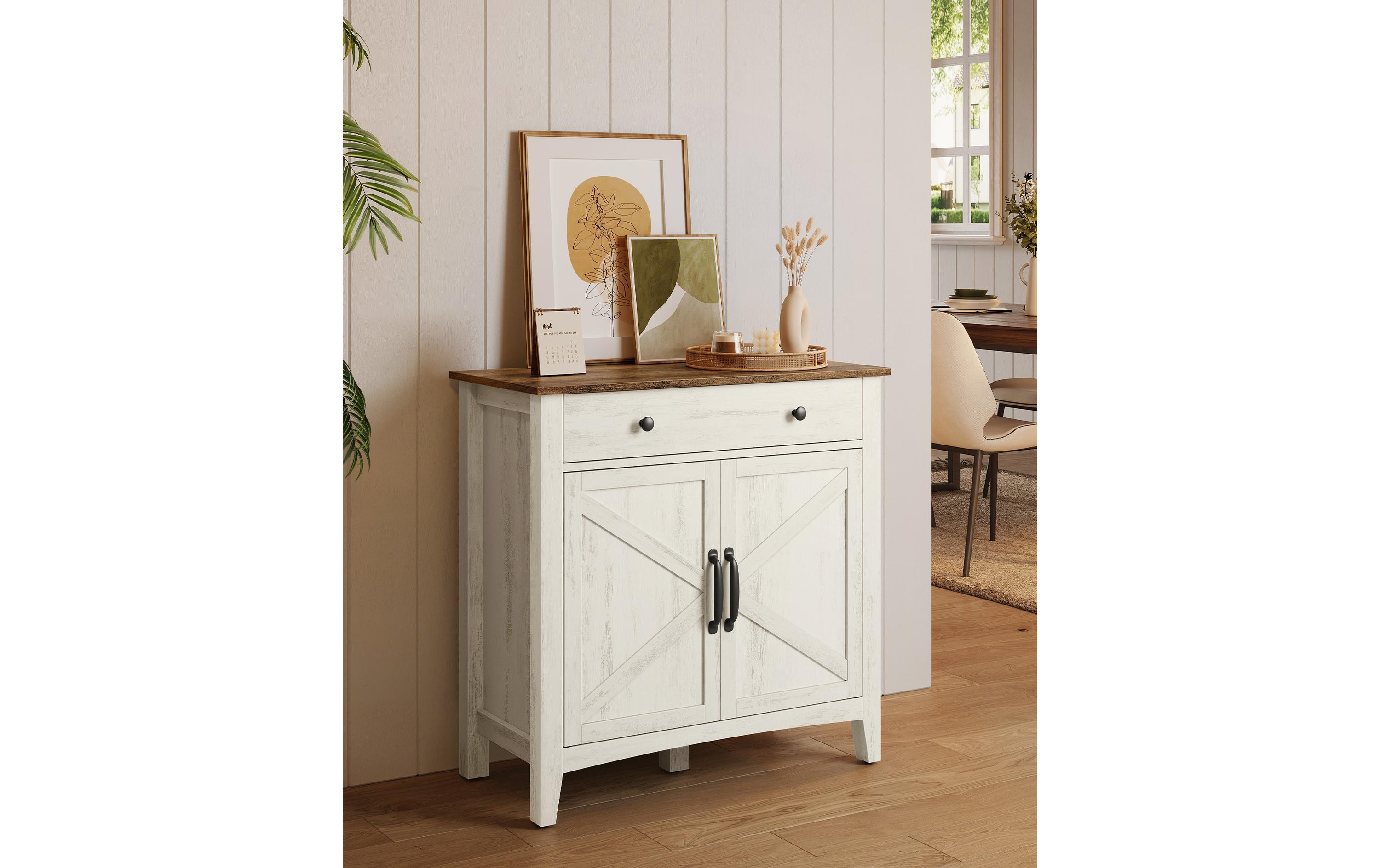 Kommode 80 x 80 cm, Beige/Weiss<br>Aufbewahrungsschrank mit Schubladen und Türen