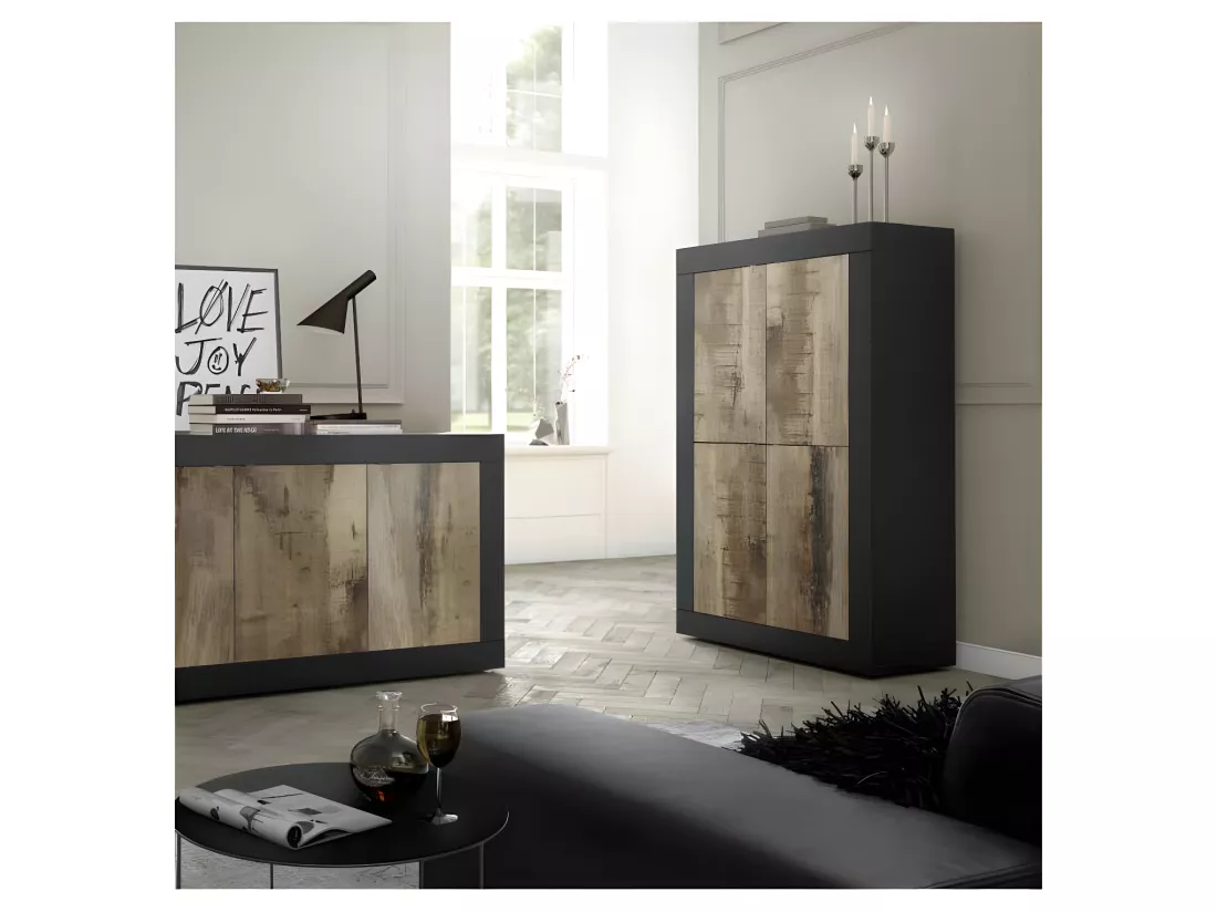 Vaisselier 4 portes Noir mat/Bois fumé - MATERA