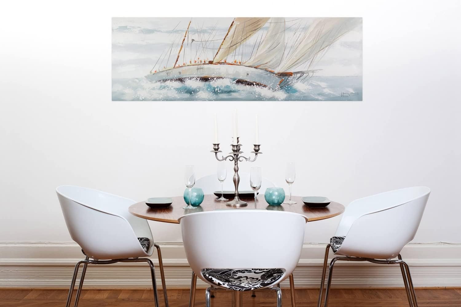 KunstLoft Leinwandbild | 100% HANDGEMALT | 150x50cm | Gemälde 'Ruf des Abenteuers' | Schiffe & Boote | Weiß | Wandbild Wohnzimmer