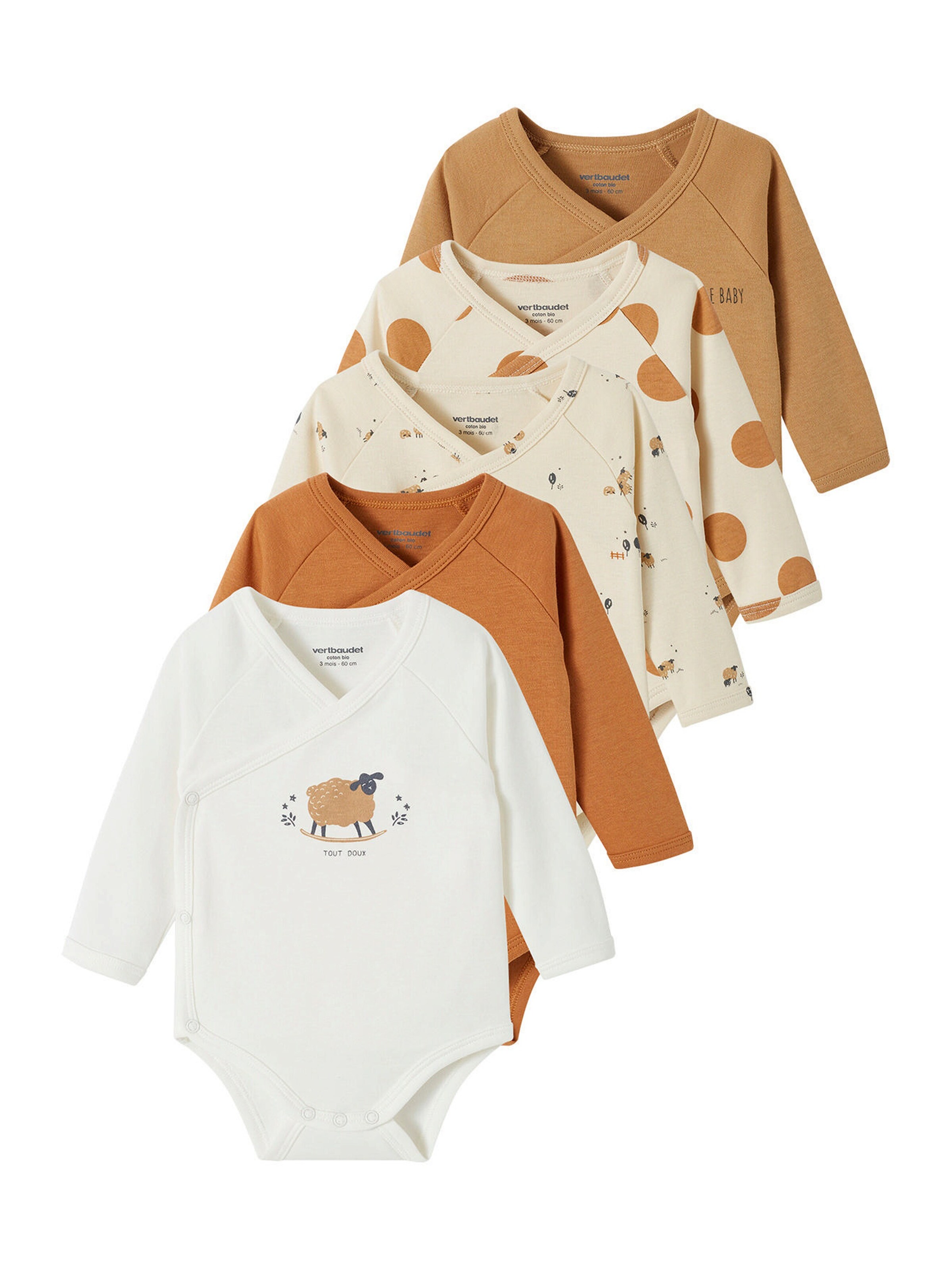 Vertbaudet 5er-Pack Baby Wickelbodys aus Bio-Baumwolle pack karamell schäfchen