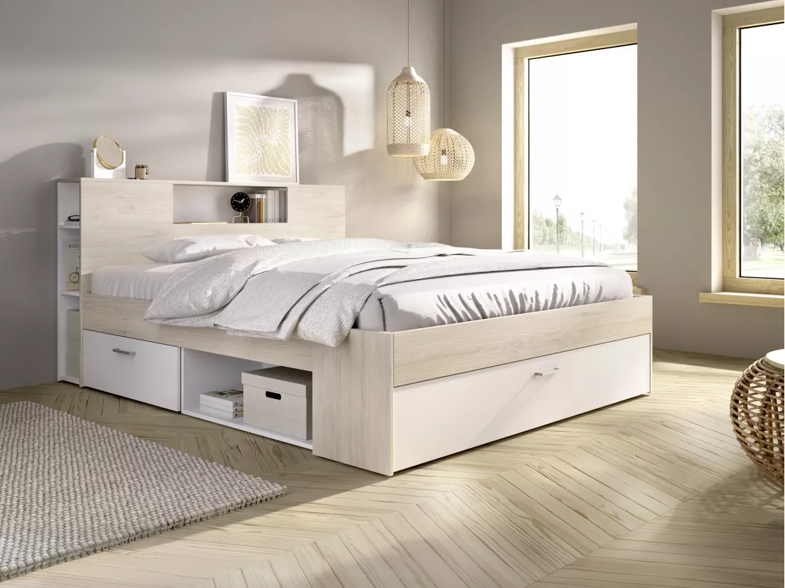 Lit avec tête de lit rangements et tiroir - 180 x 200 cm - Coloris : Naturel et blanc + Sommier - LEANDRE