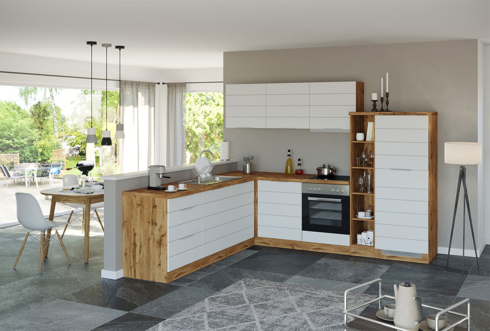 Winkelzeile Kopenhagen Front MDF Matt-Weiß ca. 240/270 x 200 x 60 cm