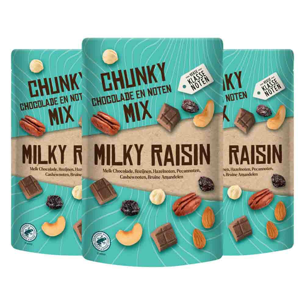 3x Verse Klassenoten Chunky Chocolade en Noten Mix Milky Raisin150 gr