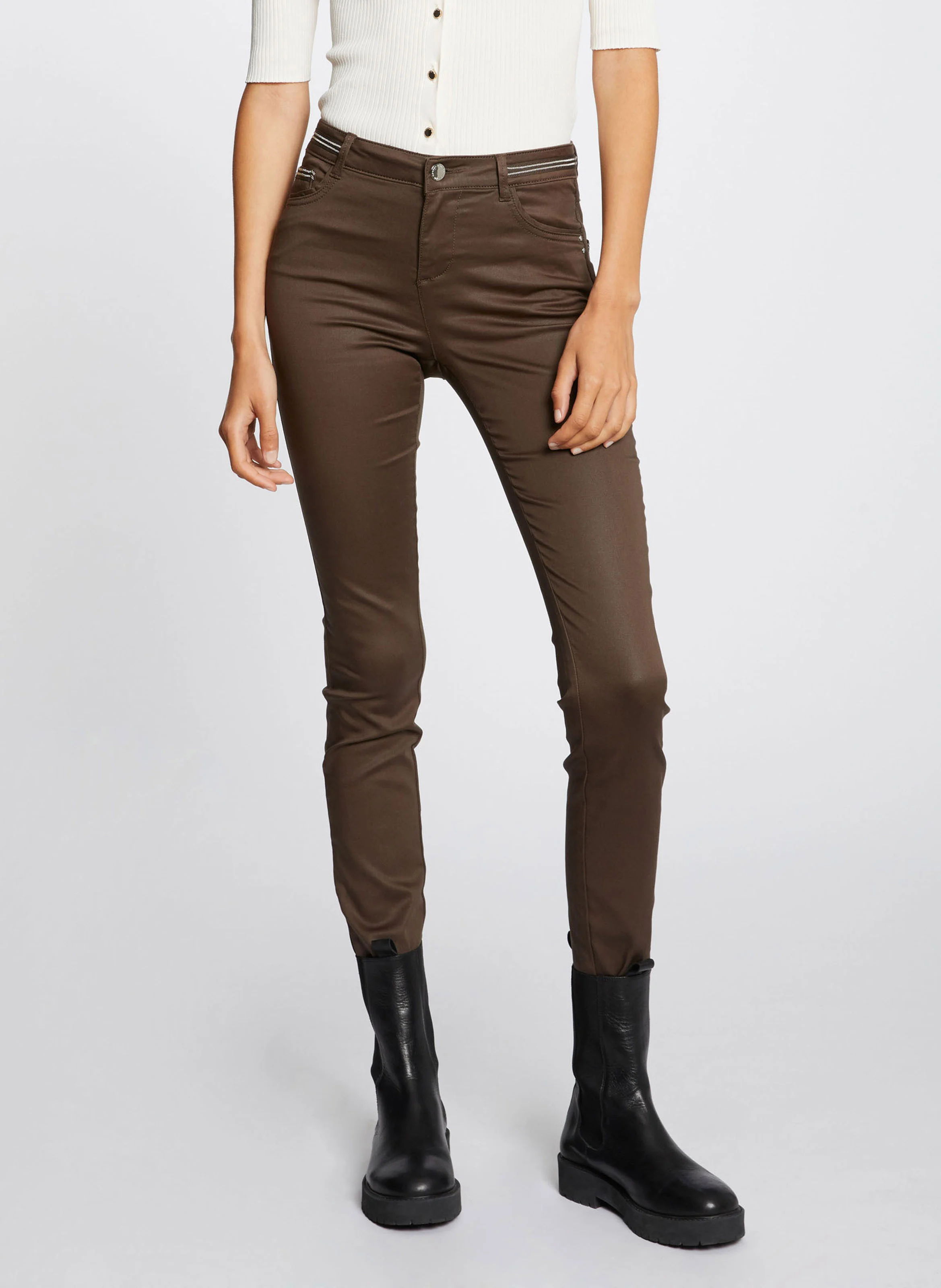 PALONA - Pantalon slim enduit | Marron