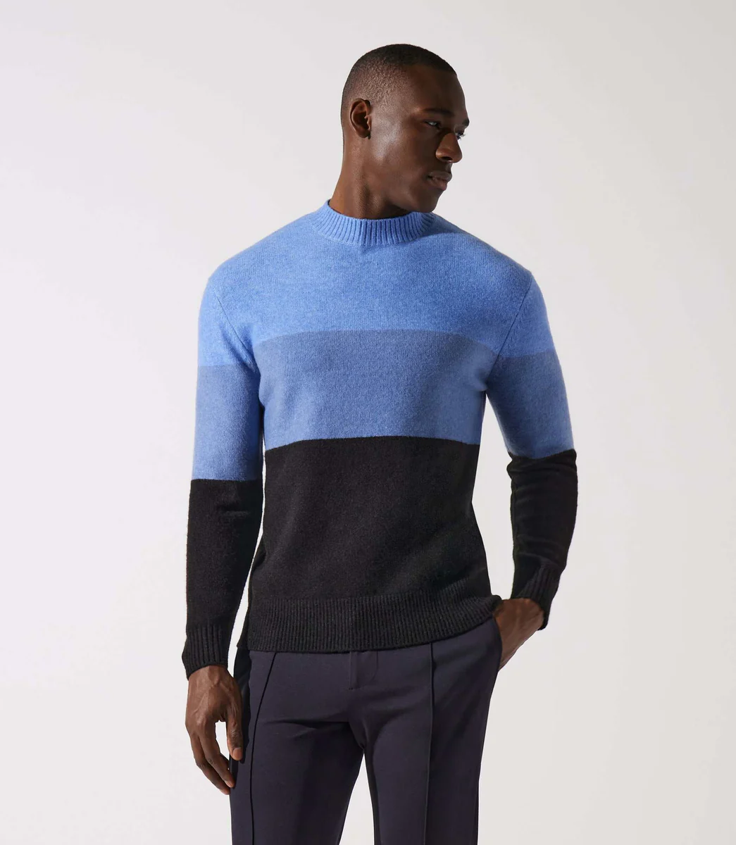 Pull col rond rayé bleu