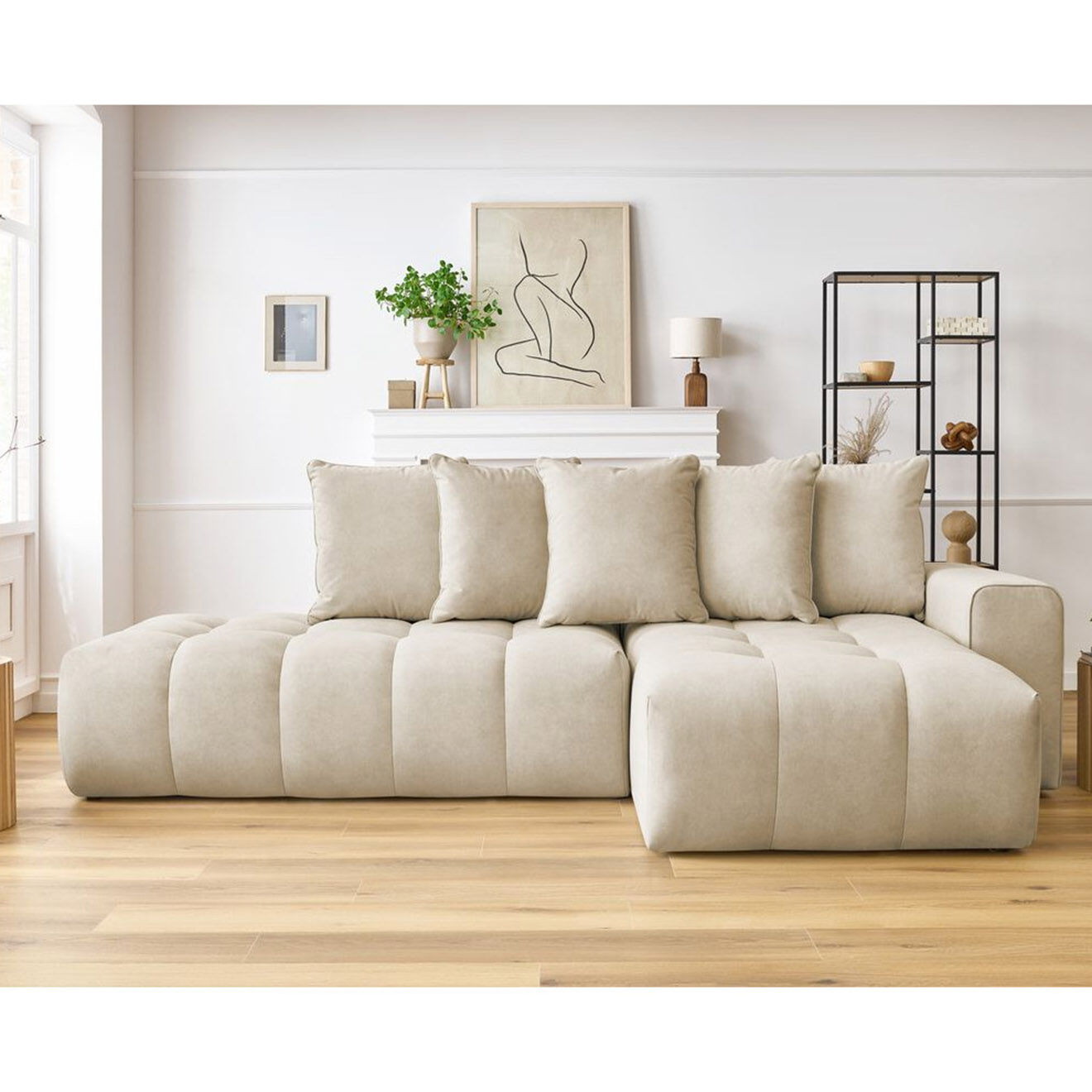 Bobochic Canapé d'angle fixe mont-blanc velours angle droit beige - 313x176x97 cm