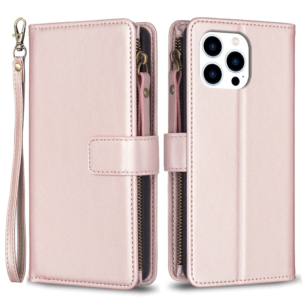 iPhone 15 Pro Leder Wallet Etui Tasche mit 9 Kartenfächern   Münzfach - Roségold