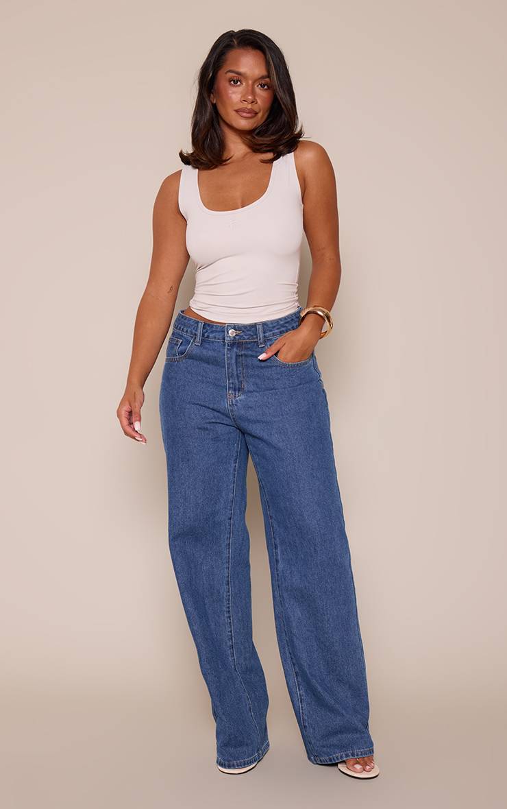 Indigo Blue Wash Jean En Denim Large Indigo Délavé Taille Basse Imprimé Graphique Délavé Shape