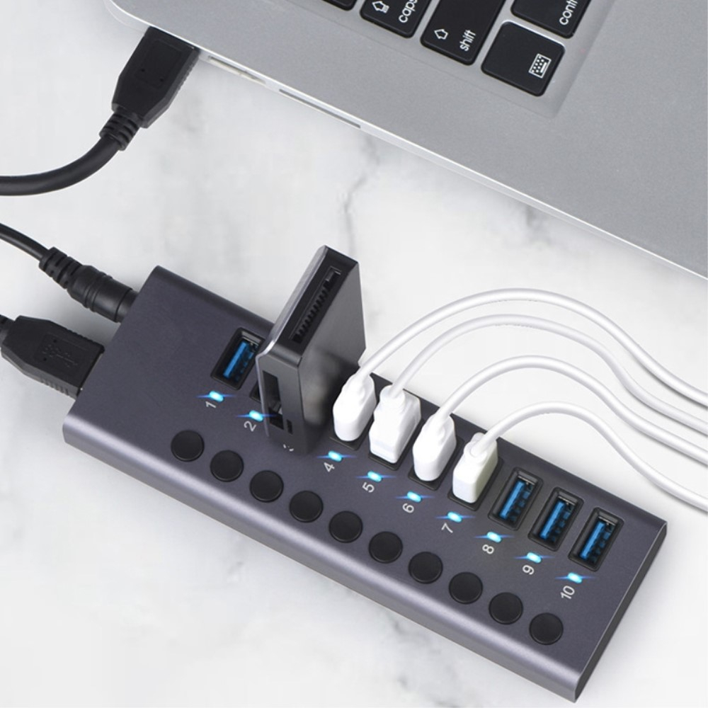 10-fach Aktiver Aluminium USB 3.0 Hub Steuerung Tastenschalter 300Mb/s   Netzteil (12V/5A) - Schwarz