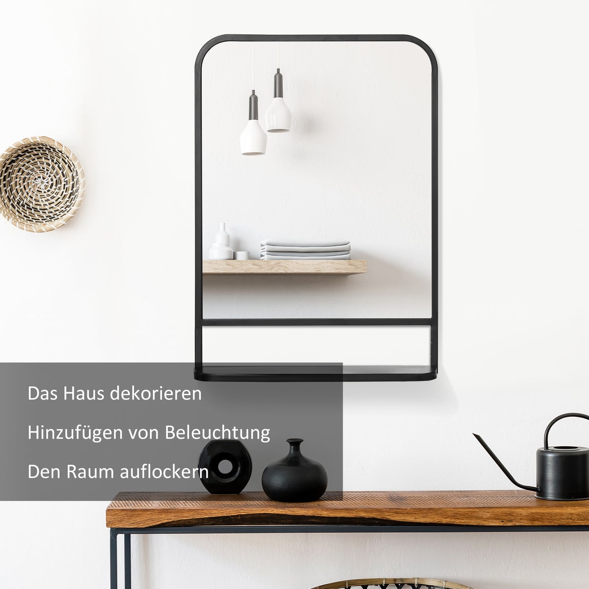 HOMCOM Wandspiegel 70 x 50 cm Hangende spiegel Moderne woonkamerspiegel Rechthoekige decoratieve spiegel met plank voor entree Slaapkamer Elegant metaal Zwart