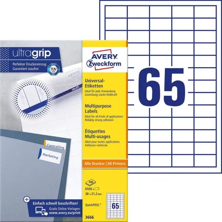 Avery Zweckform 3666 Universal-Etiketten,A4 mit ultragrip,38 x 21,2 mm, 100 Bogen/6.500 Etiketten, weiß