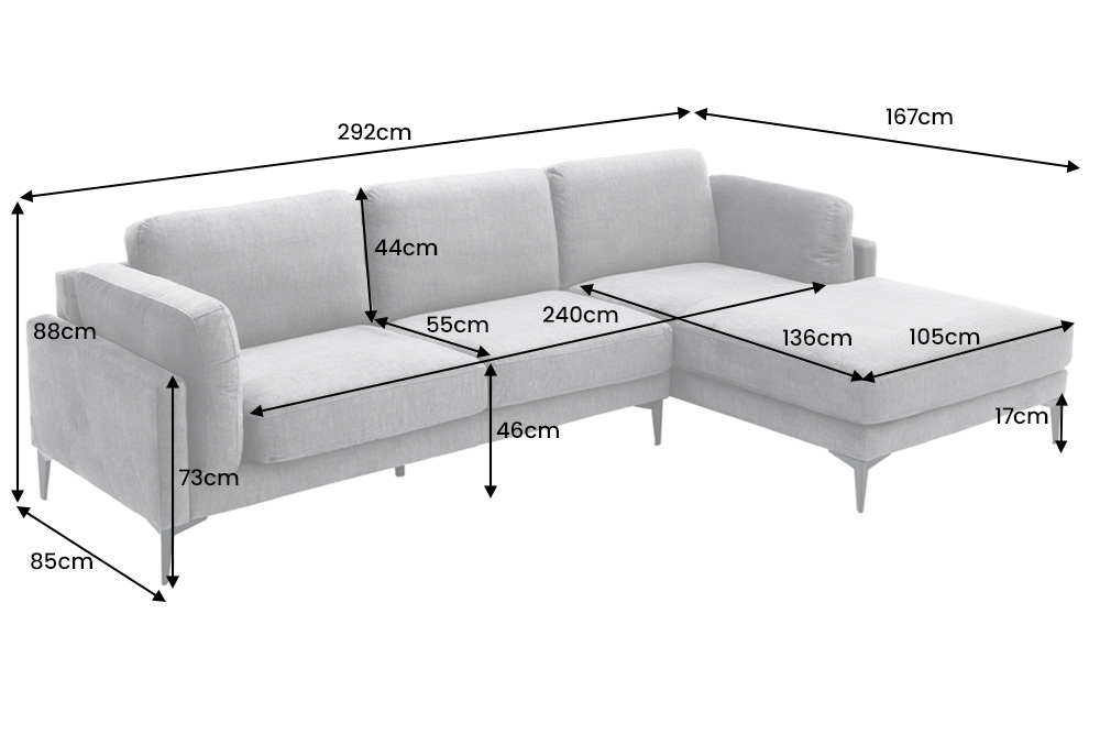Design Ecksofa MANHATTAN 295cm dunkelgrau Samt Federkern 3-Sitzer Metallfüße