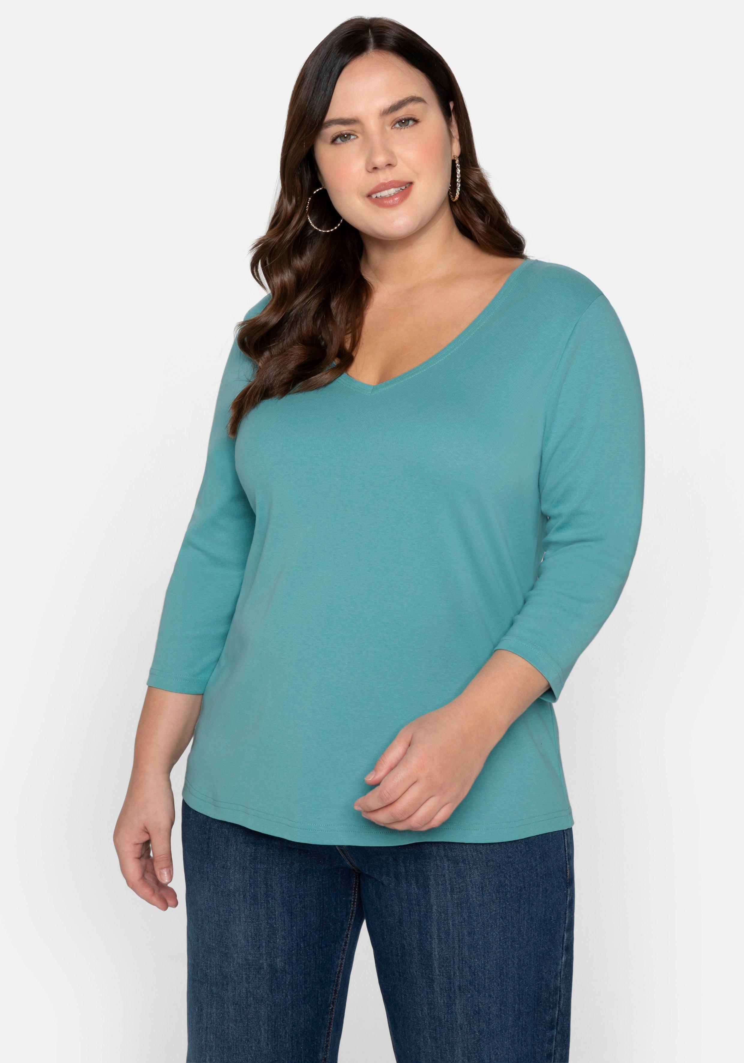 Shirt mit 3/4-Arm und V-Ausschnitt, in Rippqualität