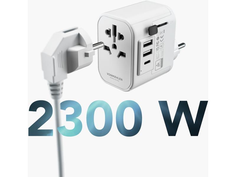 Vonmählen Weltreiseadapter Unity One Weiss Kompaktes Reiseladegerät mit drei zusätzlichen USB-Anschlüssen