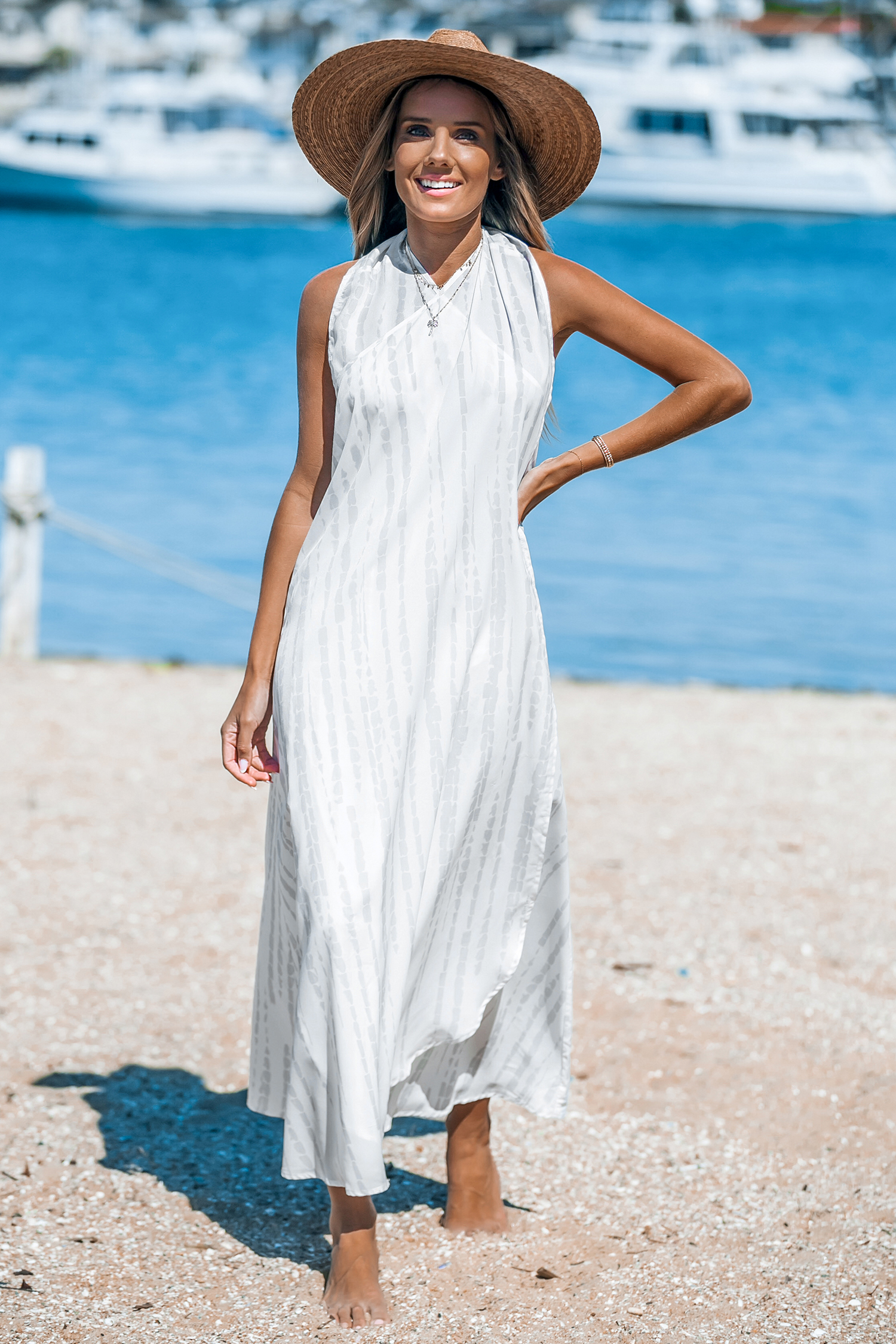 Robe midi cover up à col licou torsadé abstraite grise et blanche