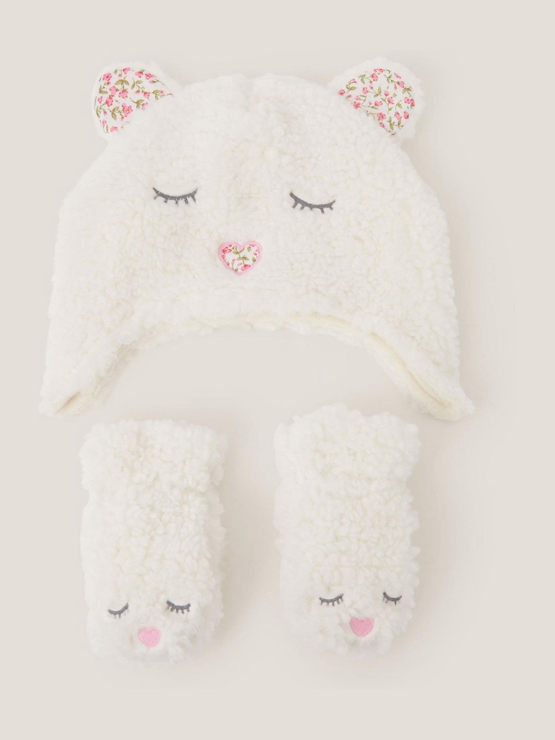 Monsoon Baby Borg Bear Hat & Mitten Set