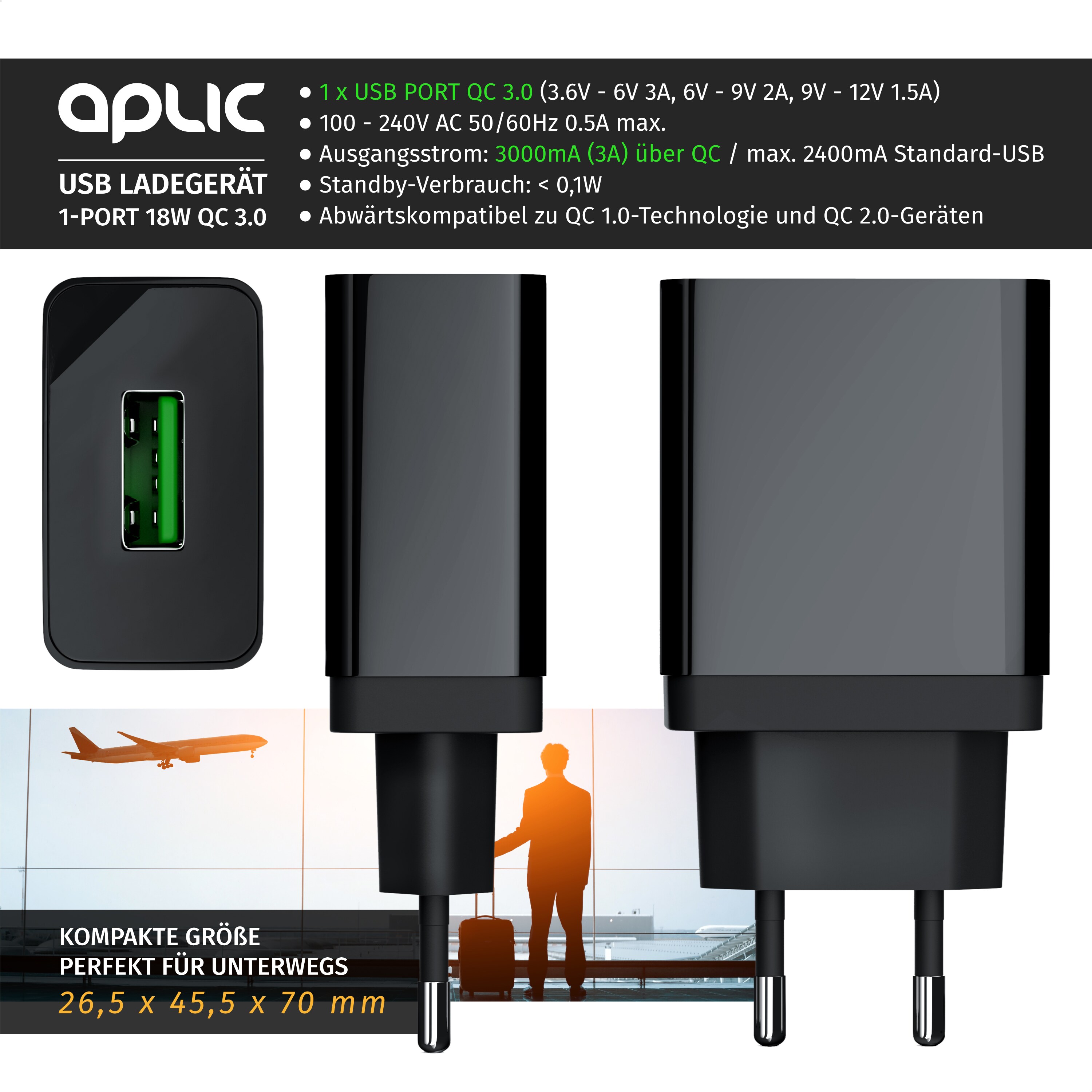 Aplic USB-Ladegerät 3000 mA, Quick Charge 3.0 USB-Ladegerät 1x USB A QC 3.0 Port / max. 3A über QC