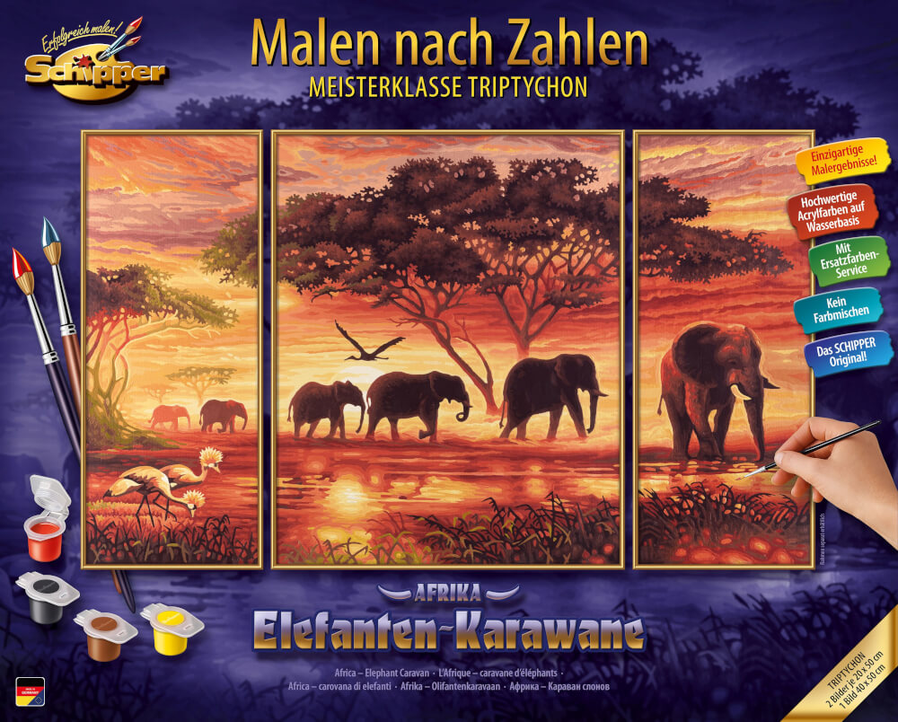 Malen nach Zahlen - Elefanten-Karawane (Triptychon)