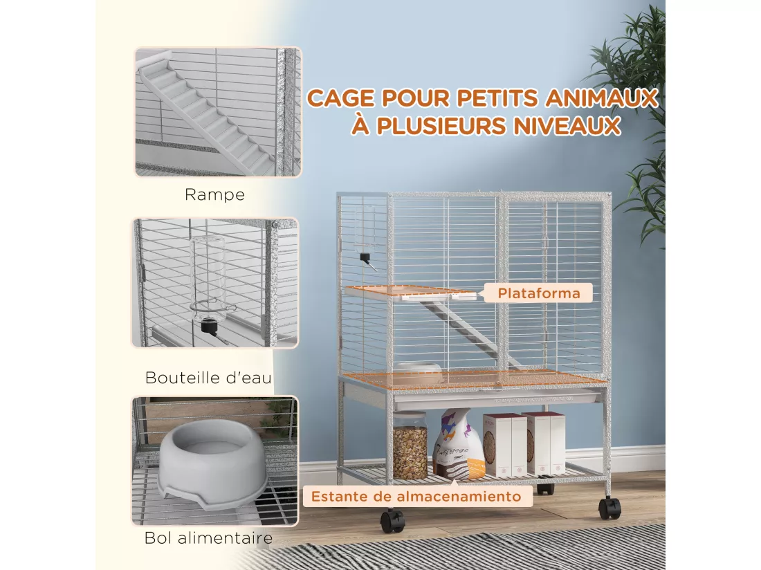 Cage pour rongeurs furet chinchilla plateforme rampe 2 portes biberon gamelle plateau étagère acier gris clair