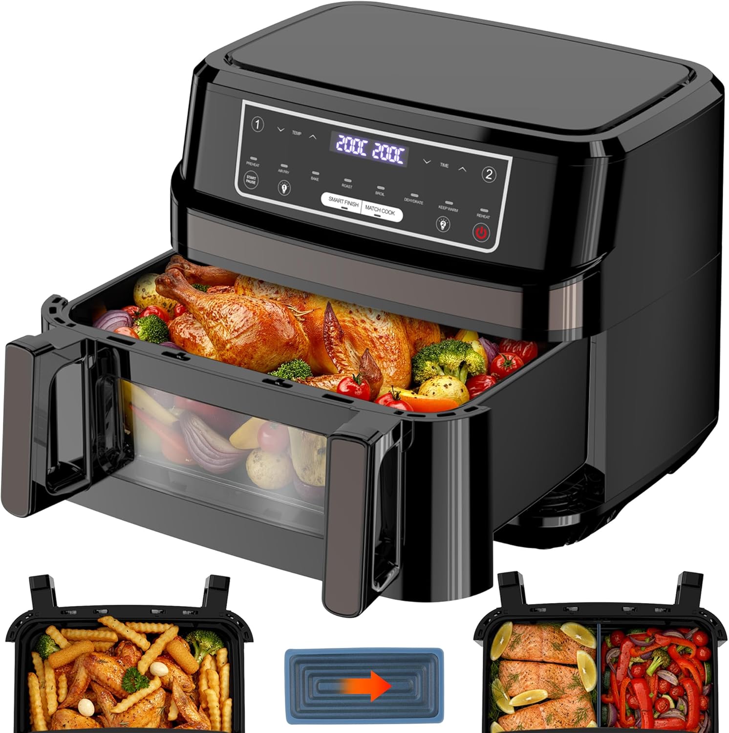 Heißluftfritteuse XXL | 12L Airfryer Variabel Für Einzel-und Zweikammer, 8-in-1 Heissluftfritteuse Doppelkammer Separate Temperaturregelung, Air Fryer 2 Kammern Touchscreen Max 200℃ Fettarmes Kochen