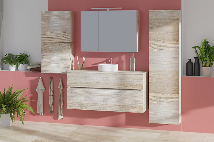Meuble sous-vasque à suspendre Calao aspect chêne clair 120 cm + plan de toilette