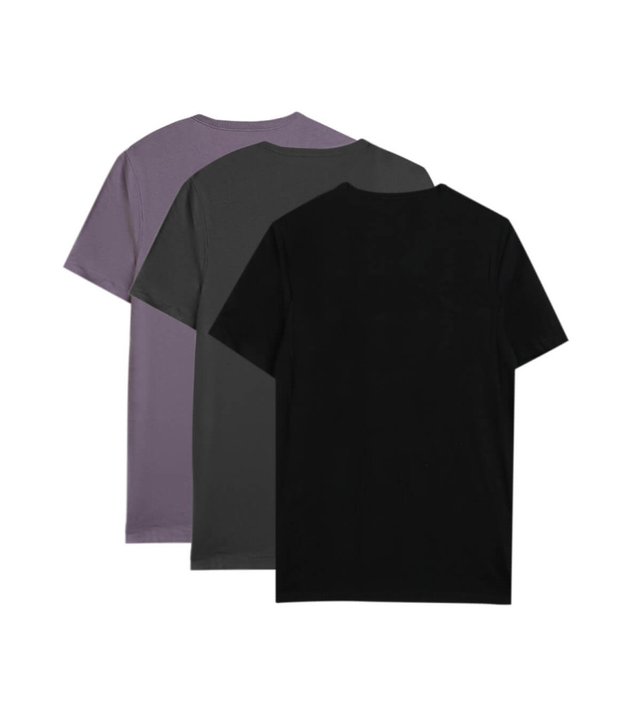 Conjunto de três camisetas BOSS: preta, cinza e lilás.