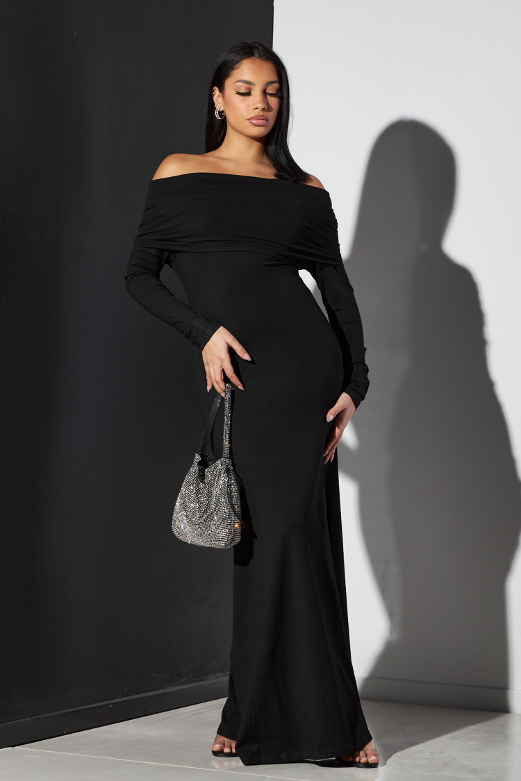 Robe longue noire à col bardot