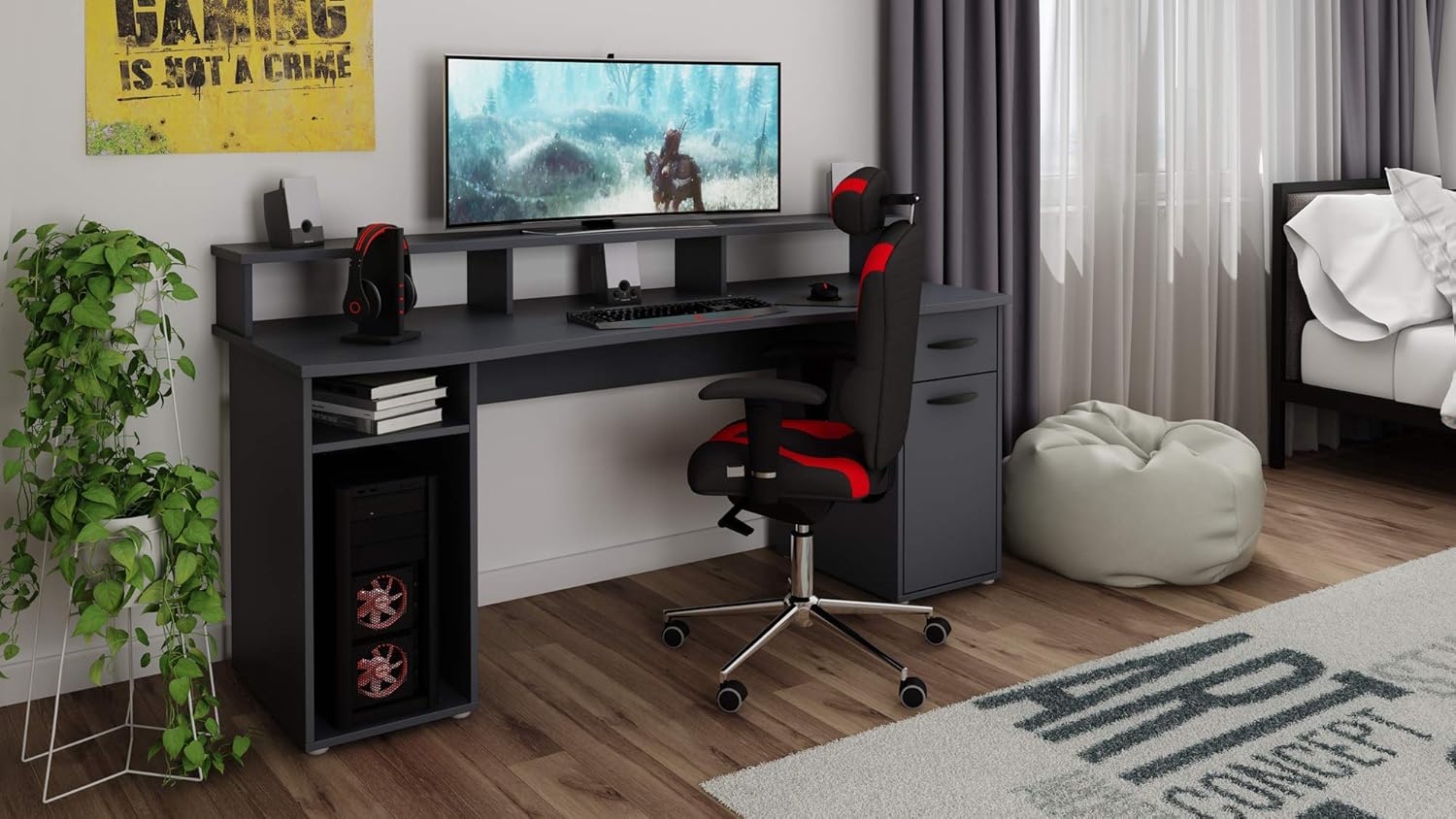 byLIVING Gaming-Schreibtisch FANTASTIC, mit robuster Melamin Oberfläche in anthrazit, mit Aufsatz für viel Stauraum, Holzwerkstoff Spanplatte, grau, B 180, H 93, T 65 cm