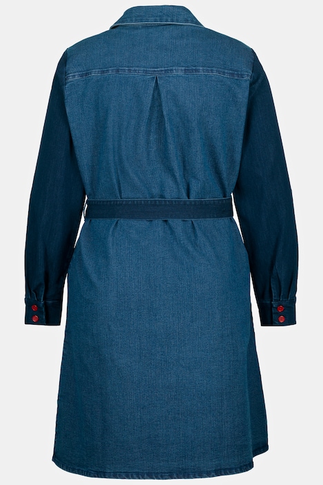 Jeanskleid, A-Linie, Bindegürtel, Hemdkragen, Langarm