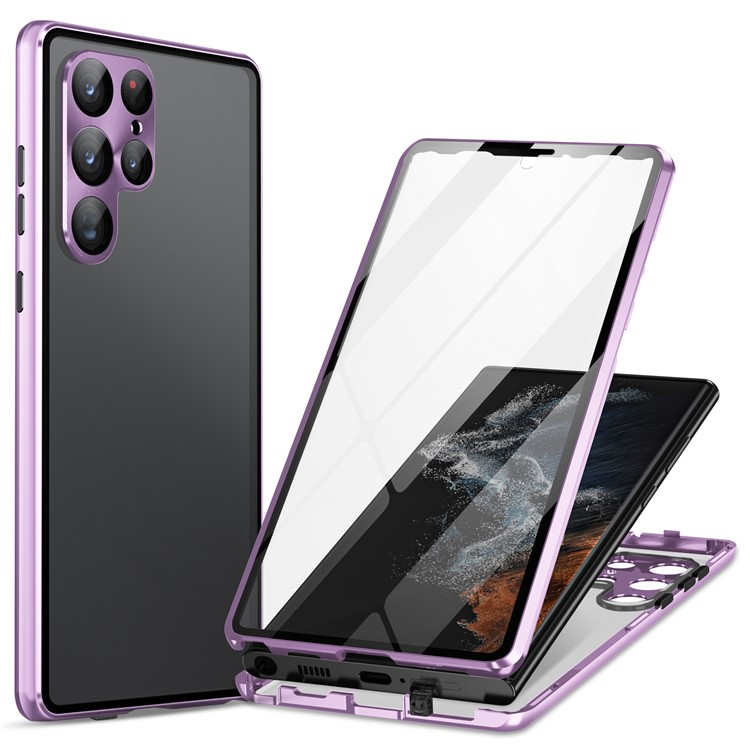 Samsung Galaxy S24 Ultra Magnetische Alu Schutzhülle mit Panzer Glas Backcover   Display- / Kameraglasschutz (Verschlussmechanismus) - Lila