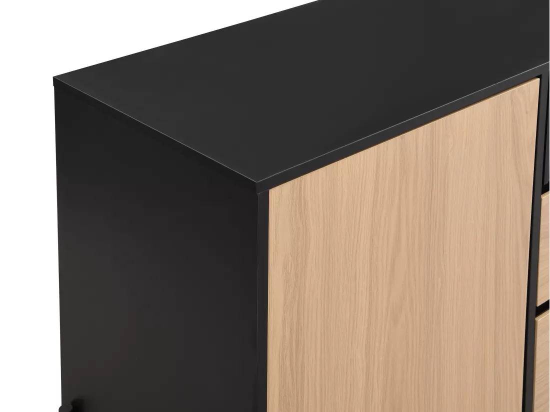 Buffet avec 1 porte et 3 tiroirs - Noir et naturel clair - GLARODI