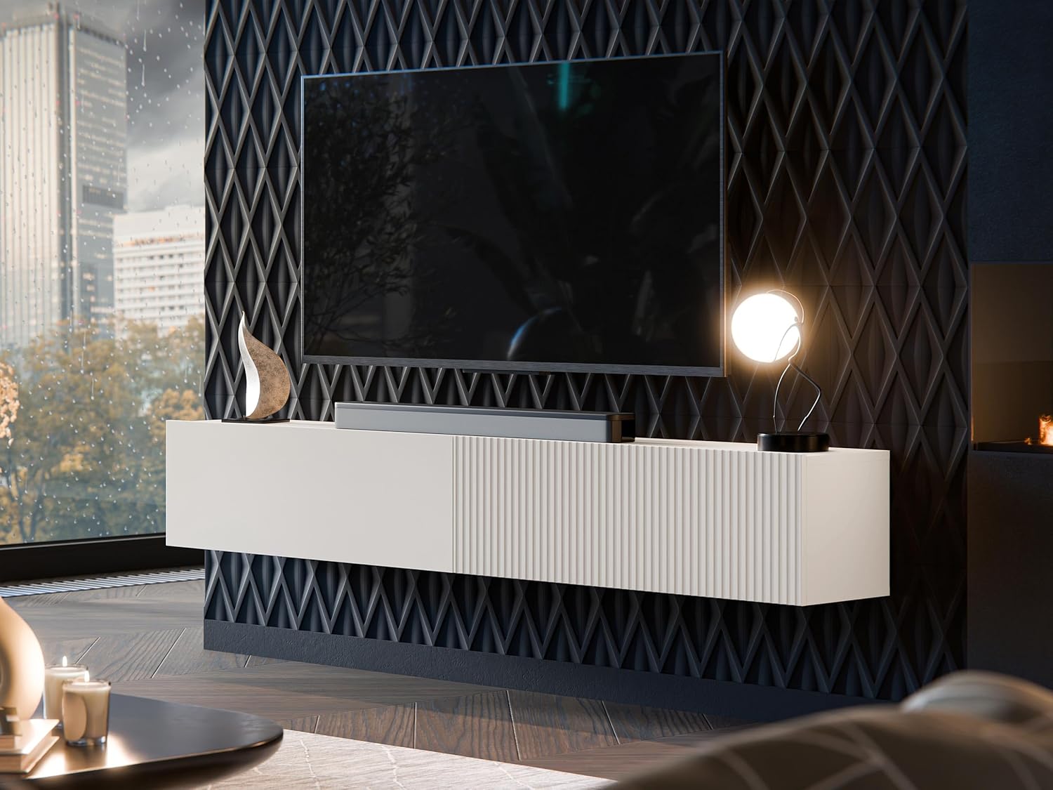 Mirjan24 TV Lowboard Cholon 200, Griffloses Öffnungssystem, 2 Klappe/Tür, TV Board Sideboard, Unterschrank, Fernsehschrank, TV Tisch, Fernsehtisch (Cashmere)