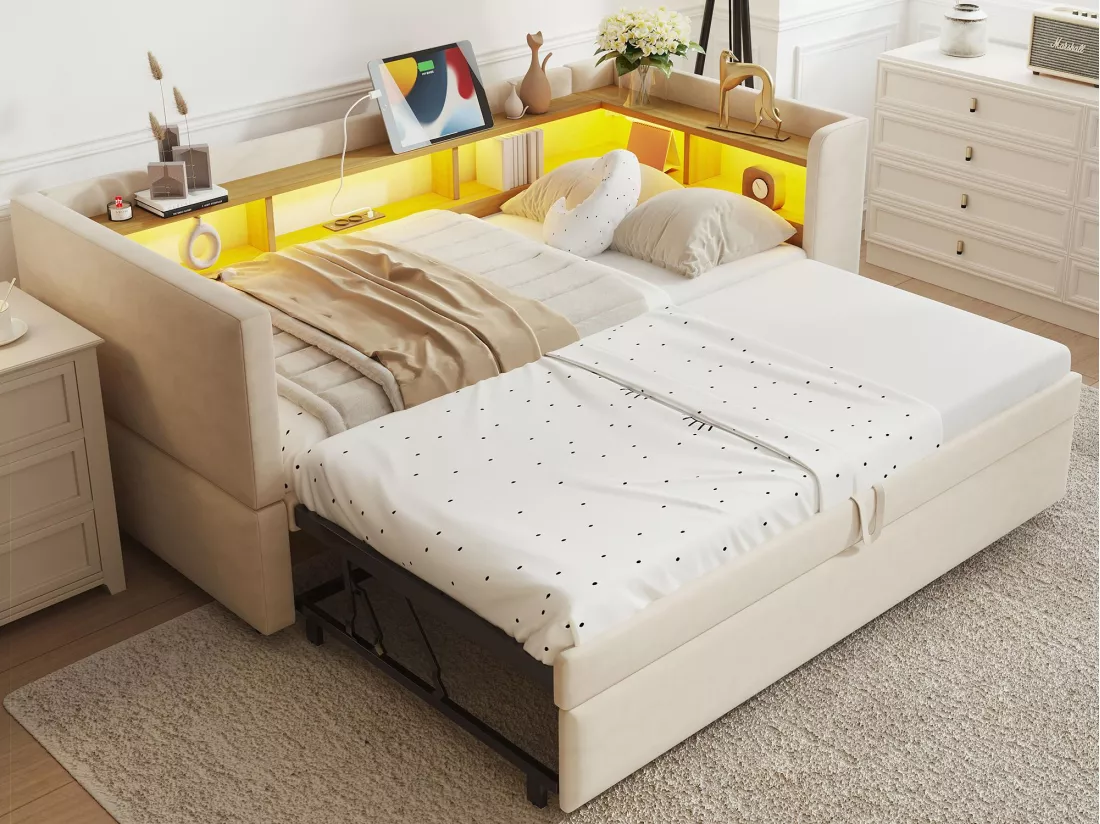 Canapé convertible capitonné 90/180x190 cm - avec éclairage LED - avec prise - multiples rangements - beige (matelas non inclus)
