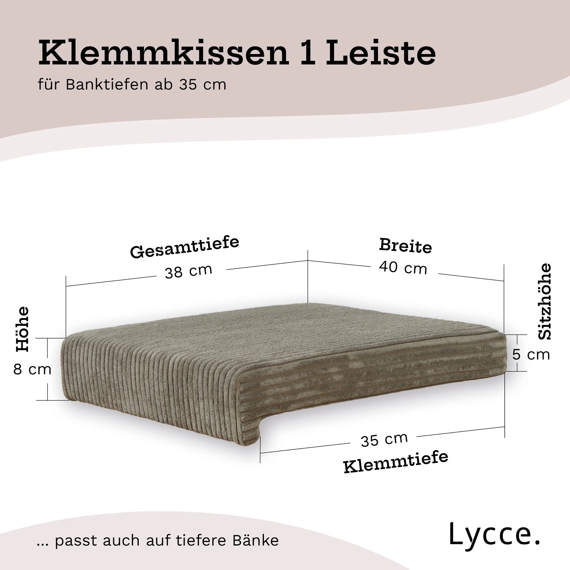 Lycce Klemmkissen Sitzkissen mit 1 Leiste, Cordstoff extra Polsterung