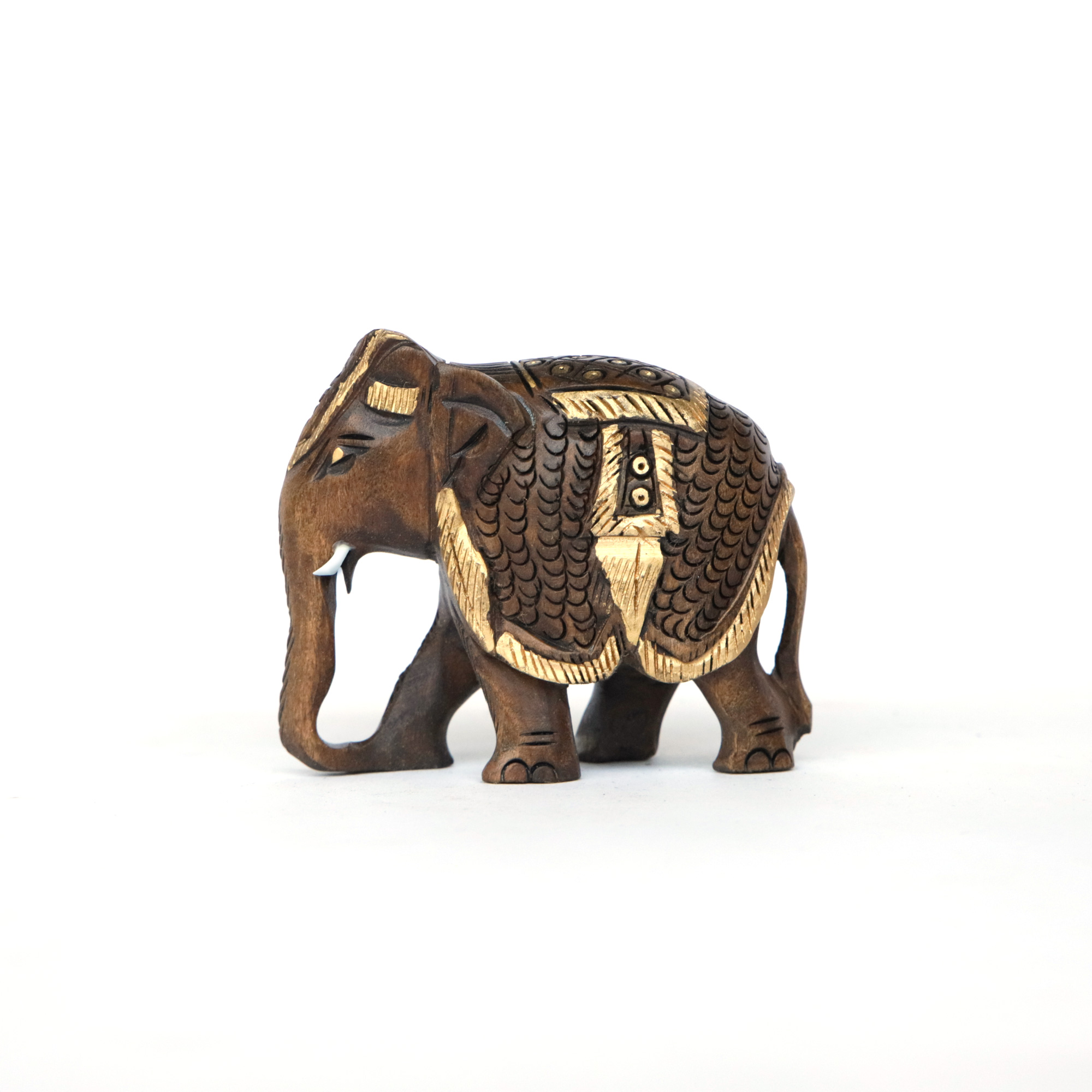 Elefant aus Holz mit Sattel, braun, gold, H 8 cm, B 10 cm, T 5 cm von fischer's lagerhaus