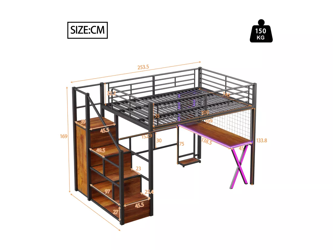 Lit mezzanine 140x200cm avec LED - bureau + penderie + échelle de rangement - Noir