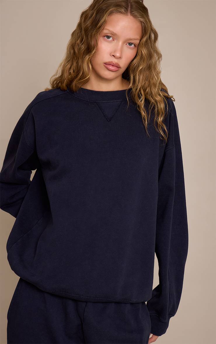Bleu Marine Sweat-shirt Délavé À L'acide Avec Broderie En Point De Croix
