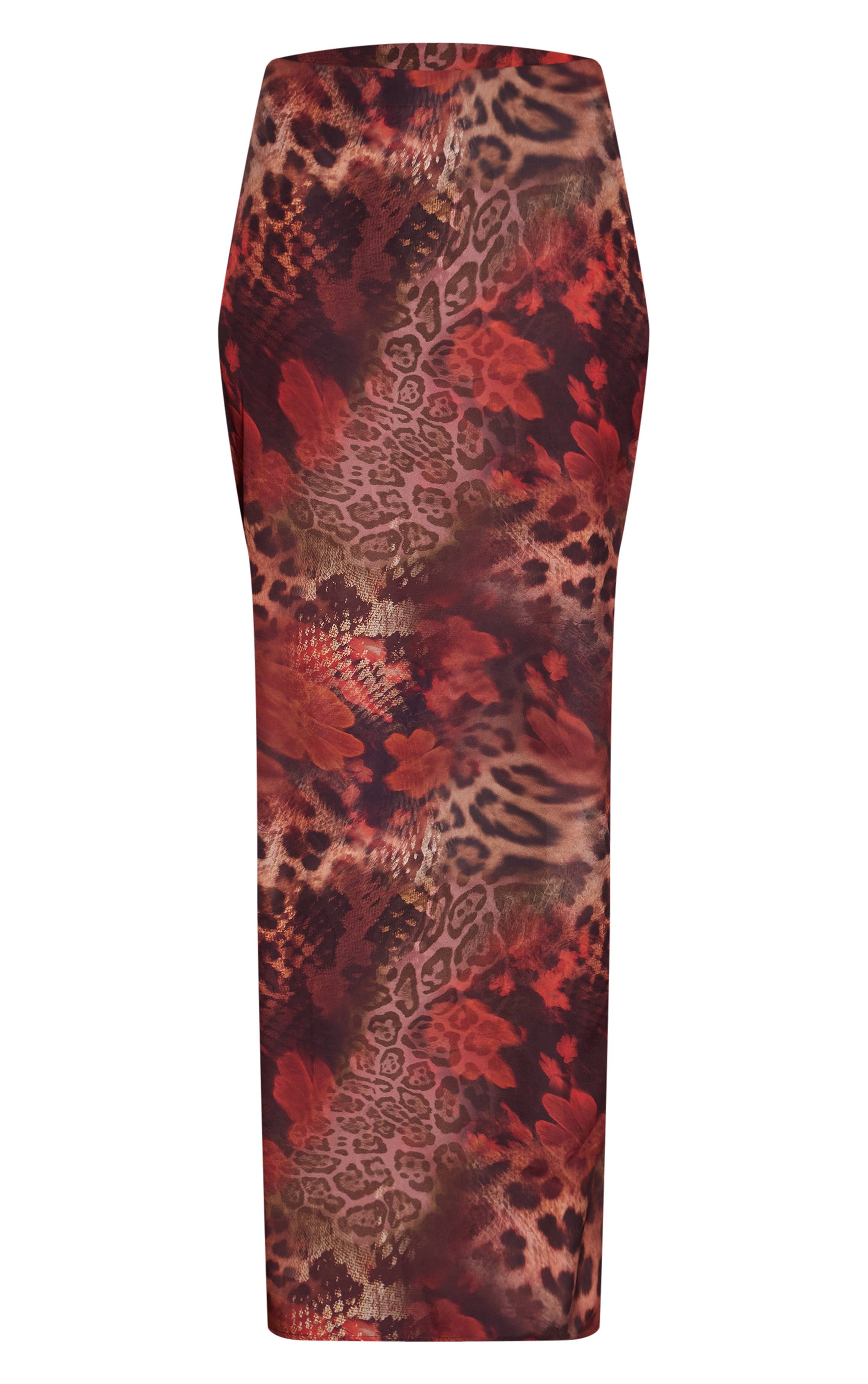 Marron Jupe Longue En Mousseline Imprimé Animal Abstrait Marron