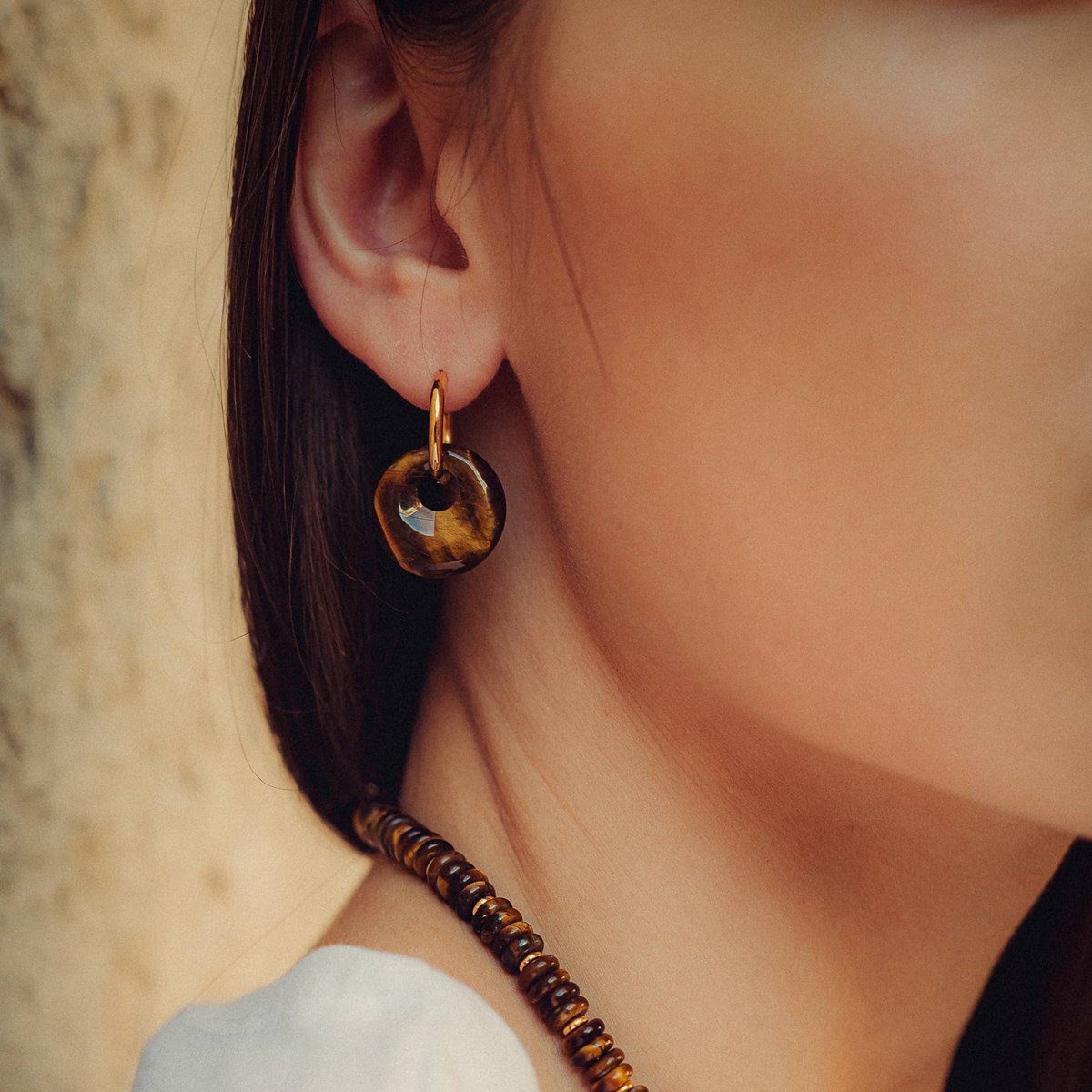 Collier, bracelet et boucles d'oreilles Blima en pierres Oeil de Tigre