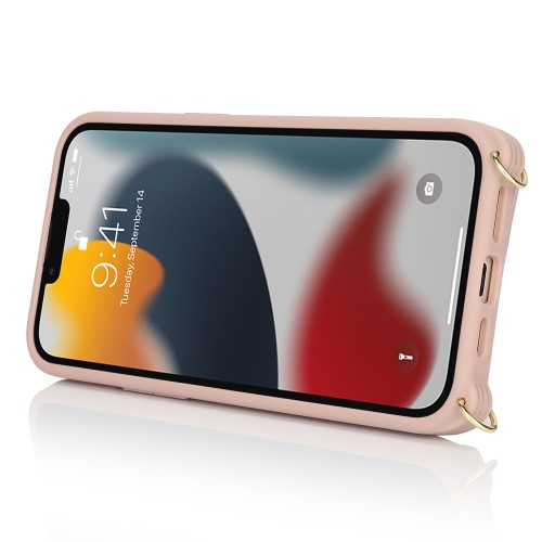 iPhone 13 Pro Necklace Leder Hülle mit Münzfach und Kartenfächer   Finger Griff Halterung   Handykette - Roségold