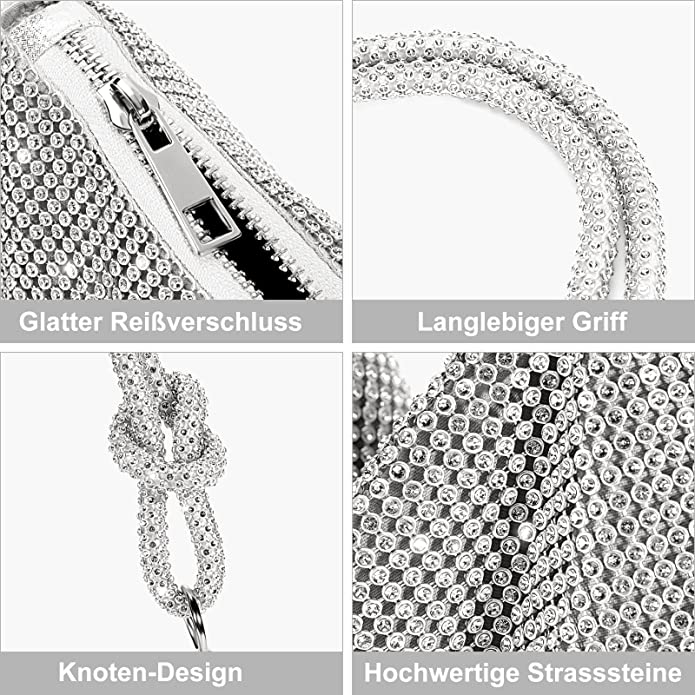 (32x16cm) Glitzer Handtasche Silvester Fashion Accessoire Party Clutch mit Strasssteinen - Silber