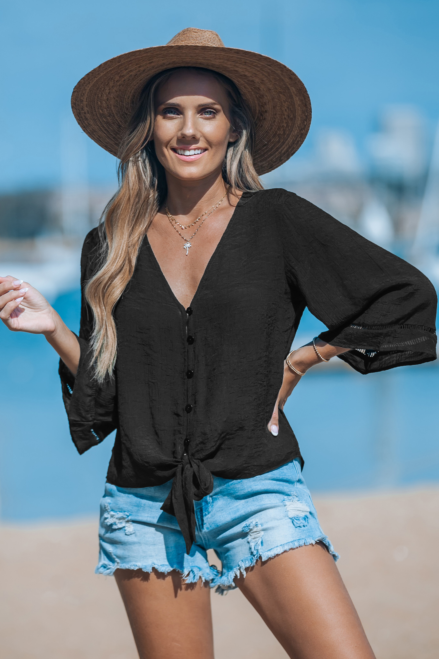 Haut cover up à manches évasées et taille à nouer noir