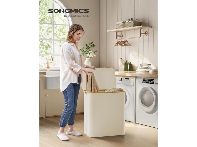 Songmics Wäschekorb  130 l, Beige Wäschesammler mit drei Fächern