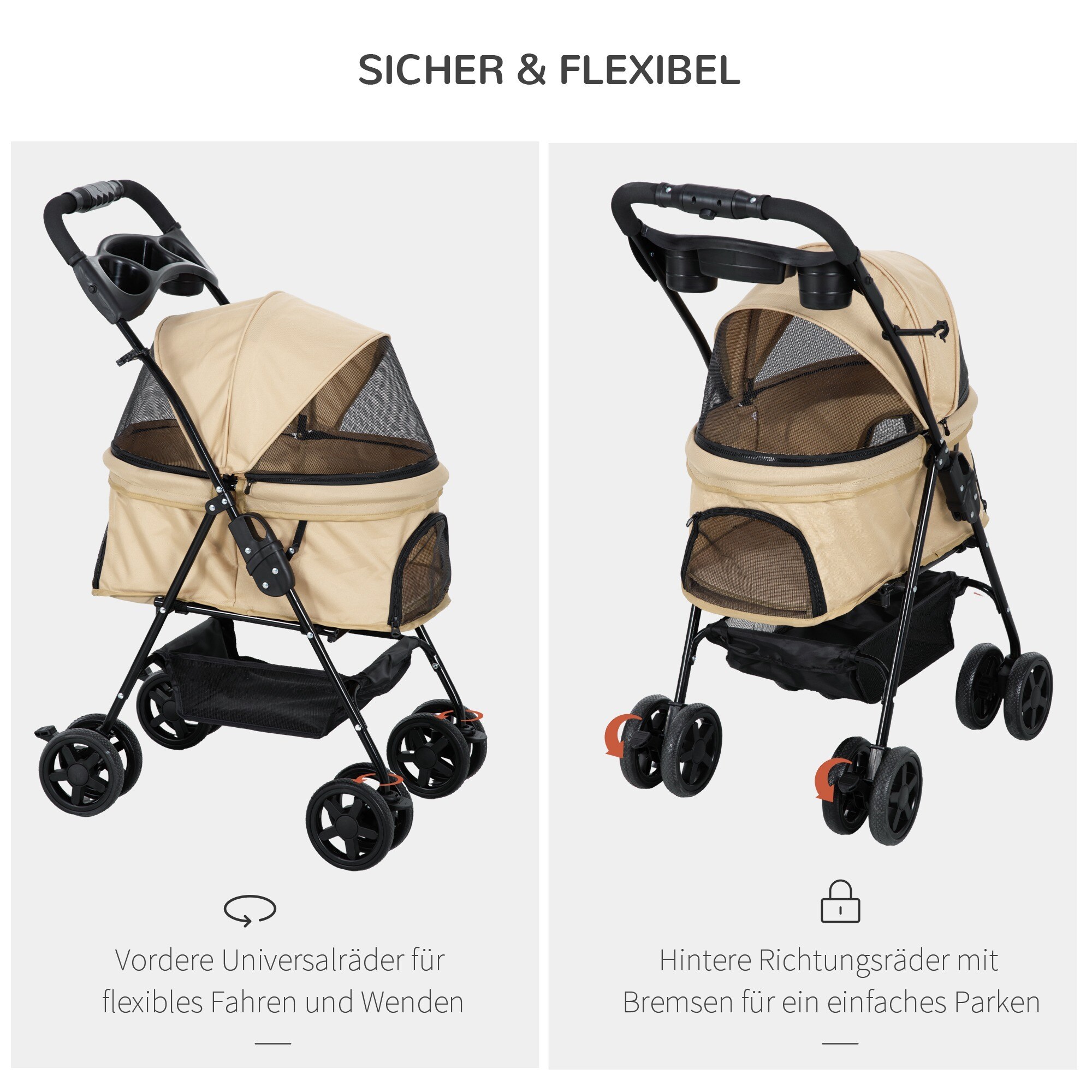 PawHut Hundebuggy mit 2 Flaschenhaltern und einem Bodenkorb braun 67L x 45B x 96H cm