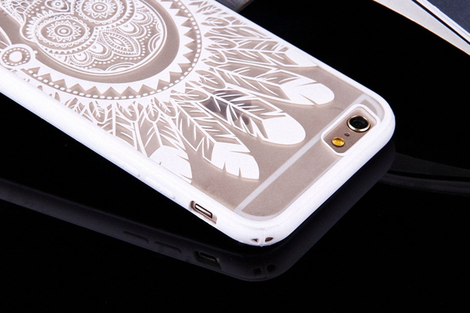 Apple iPhone 6s Plus Handy Hülle Mandala Case Schutz Motiv Federn Totenkopf Weiß