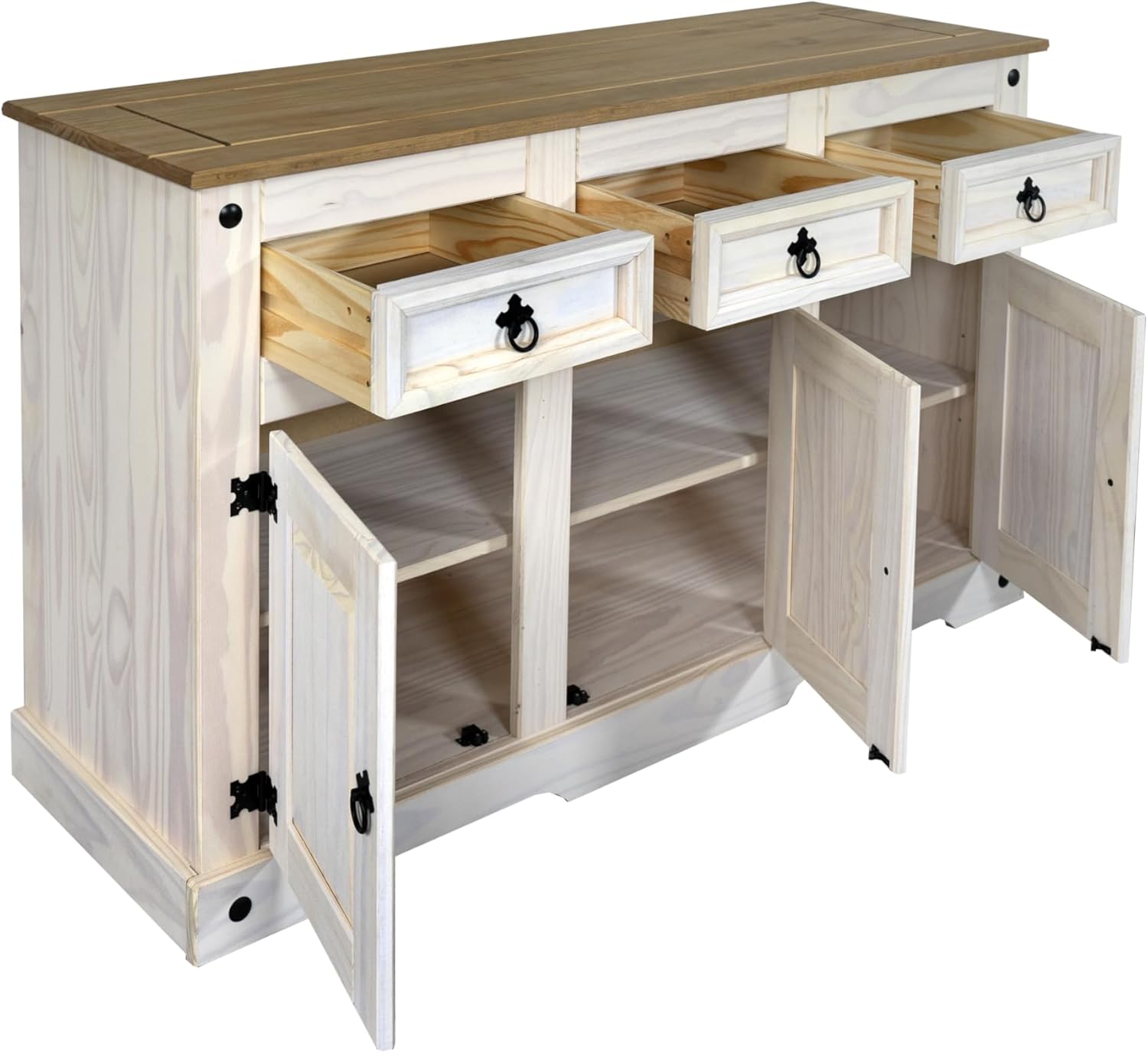 SAM Sideboard Cancun, Pinienholz massiv, weiß lasiert, Kommode mit 3 Türen & 3 Schubladen, Schwarze Metallgriffe, honigfarbene Deckplatte