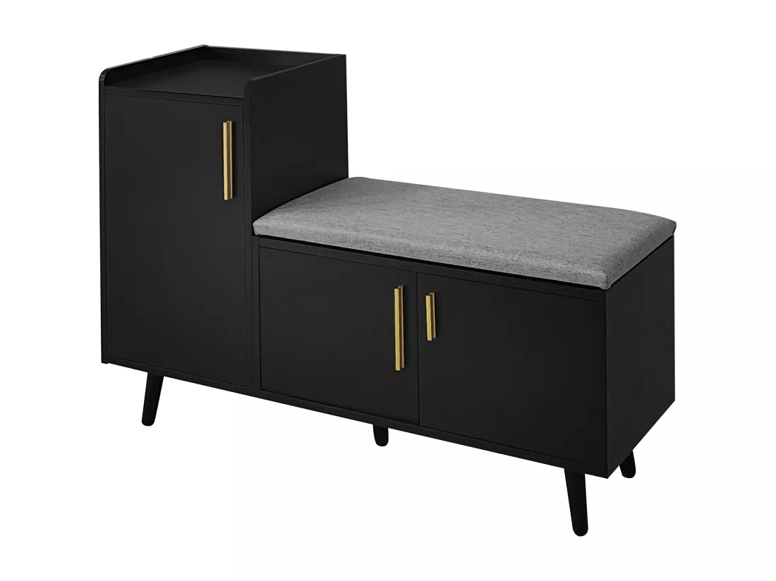 Banc à chaussures moderne avec 3 portes et coussin - pièds et poignées en métal - coloris noir - 100 x 34 x 69 cm
