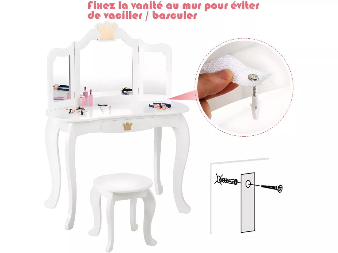 Coiffeuse pour Enfants avec Miroir à Trois Volets, Ensemble de Coiffeuse 2-en-1 avec Dessus Amovible, Tabouret Inclus, Jeu de Simulation de Beauté pour Filles (Blanc)
